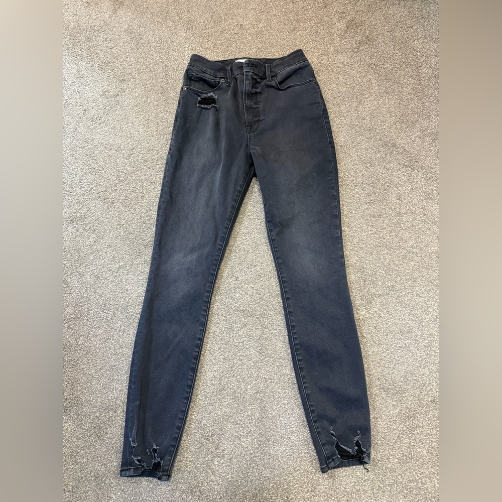 Good American Good Waist Black Distressed Skinny Jeans size 4/27